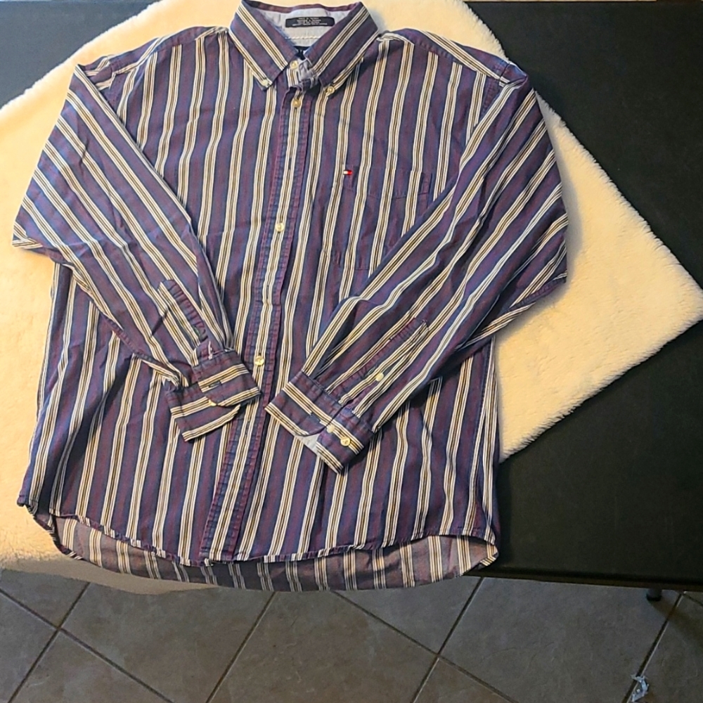 Tommy Hilfiger Men's Button Down Long Sleeve Shirt Size L Blue & White